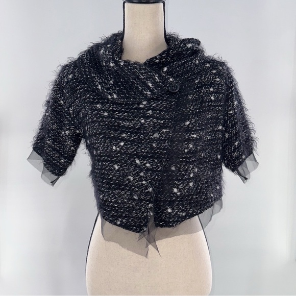 Tarnish Italy Black Bouclé Knit Cropped Jacket with Tulle Trim – S/M - Picture 8 of 10
